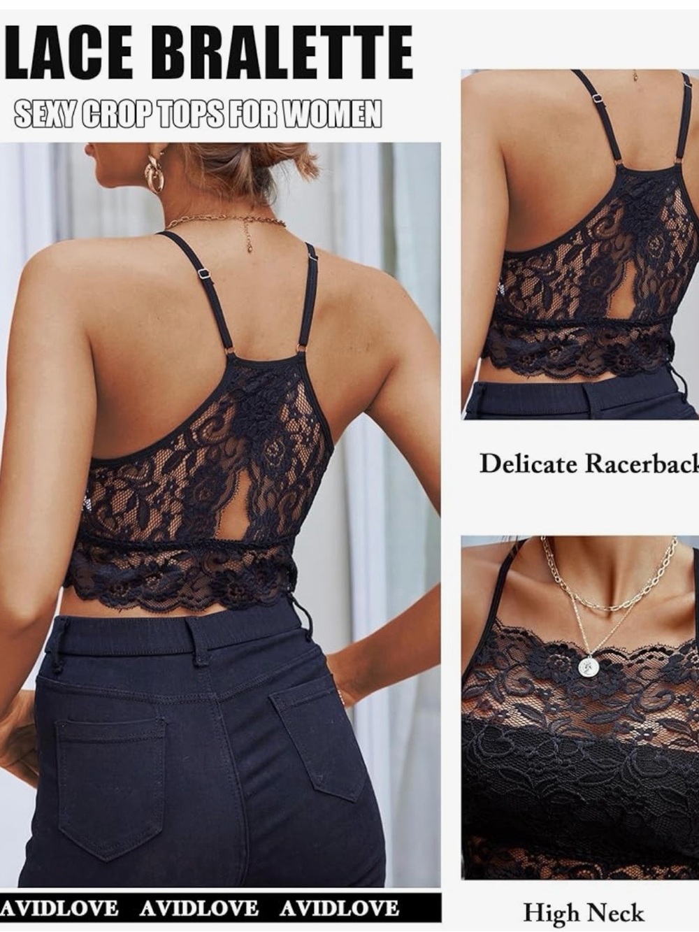 Women's Black Lace Cropped Bralette Tank - Delicate Floral Overlay - Picture 2 of 8